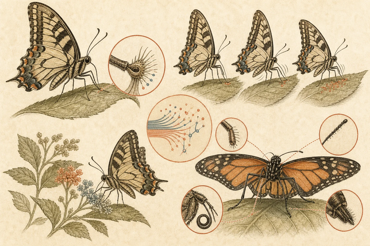 Text-free illustrated concept map for “Why butterflies taste with their feet”; the article points are listed below.