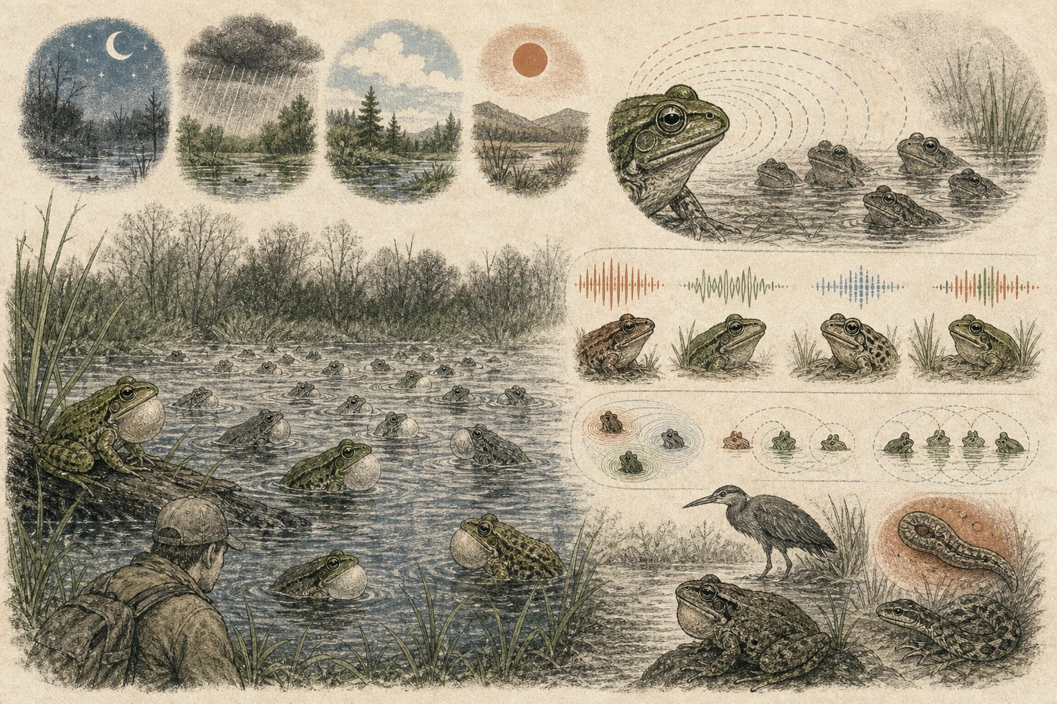 Text-free illustrated signal score for “Why frogs form breeding choruses”; the article points are listed below.