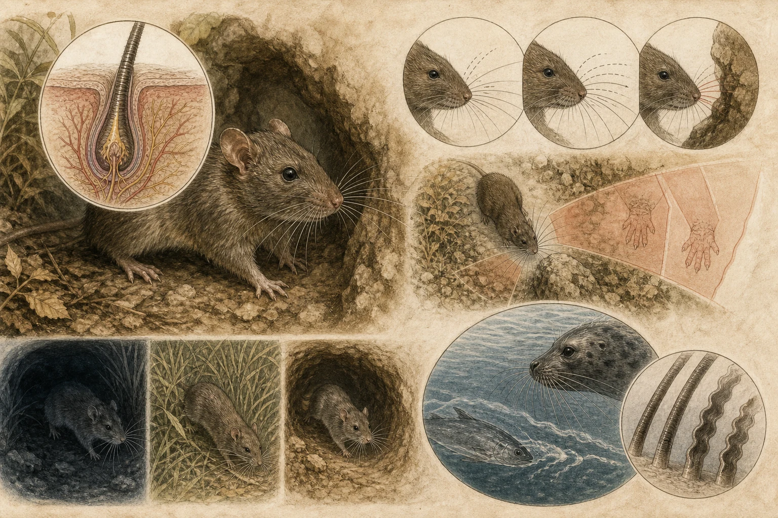 Text-free illustrated concept map for “Why mammals have whiskers”; the article points are listed below.