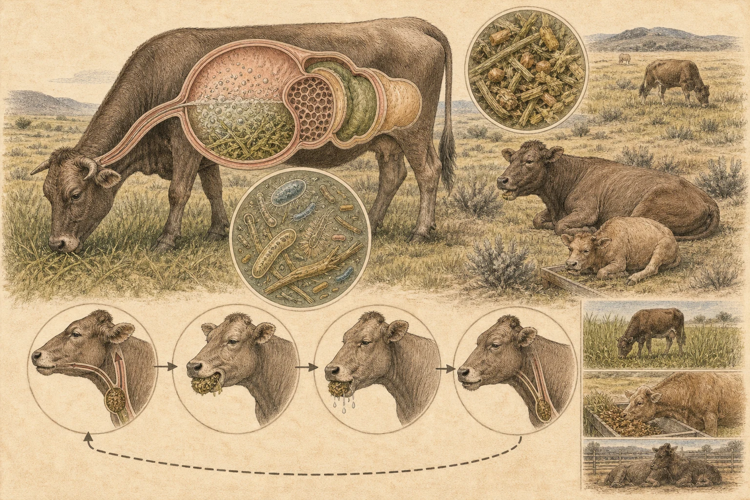 Text-free illustrated concept map for “Why ruminants chew cud”; the article points are listed below.