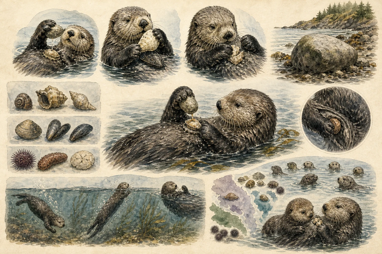 Text-free illustrated concept map for “Why sea otters use tools”; the article points are listed below.
